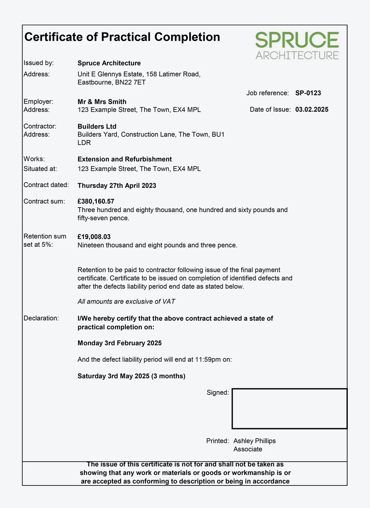 Certificate of Practical Completion
