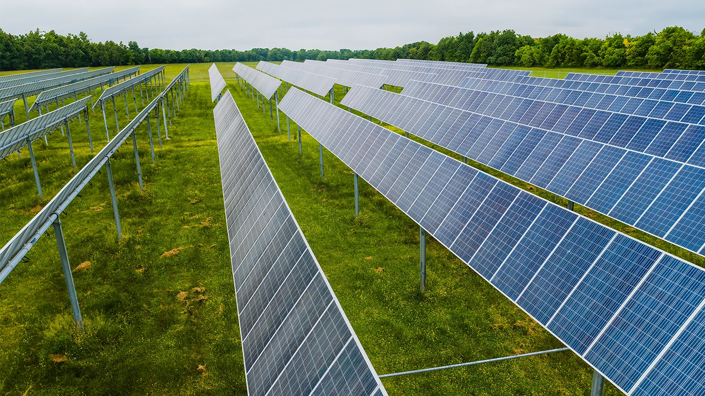 Solar panel farm on countryside agricultural land